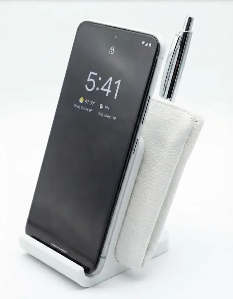 Універсальна 3D-підставка 3в1 для смартфона з відсіком для ручок та гаманцю біла 10х6х6.8см - зображення 1